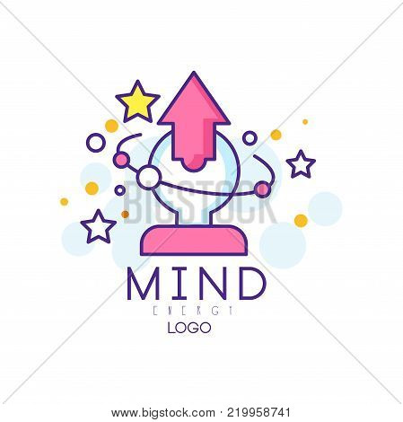 Modern line art logo with human head, arrow and stars. Mind energy. Concept of brainstorming process, creativity, nonstandard thinking, open mind. Creative idea sign. Isolated vector illustration.