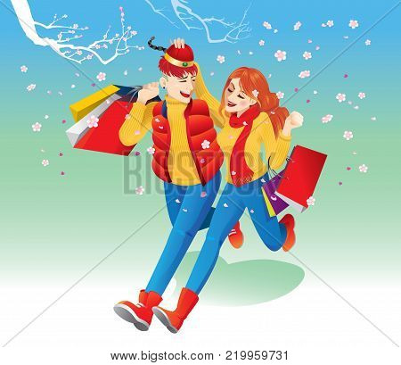 Happy lovers walking under the cherry blossom trees, carrying several shopping bags. This vector suitable for Chinese New Year/ Valentine or winter sales.