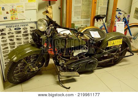 Barstow, California, United States of America - November 26, 2017. 1931 Harley Davidson motorcycle on display at Route 66 Mother Road museum in Barstow, CA.