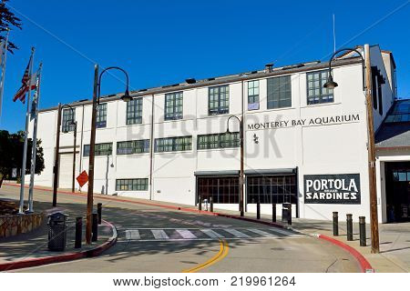 Monterey, California, United States of America - November 29, 2017. Exterior view of Monterey Bay Aquarium building in Monterey, CA.