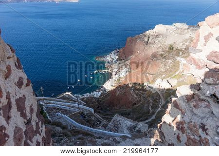Way to the Amoudi Bay port in Santorini island in the Cyclades Greece
