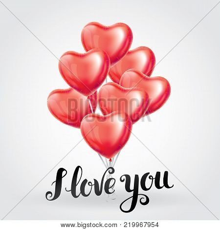 Love gold letter red heart balloon. Golden sparkles background. Happy valentines day. I love you. Gold background for greeting card, sign, banner, invitation. Shine calligraphy text, type, lettering.