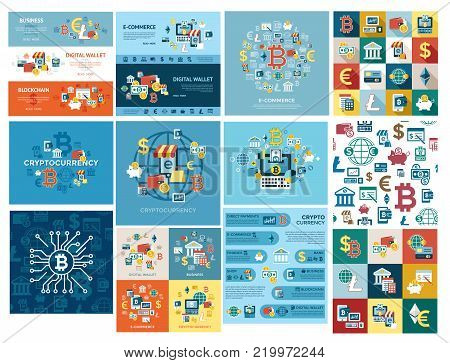 Digital vector bitcoin cryptocurrency and electronic money payments transfer icons set. Litecoin, ethereum, mining pools, blockchain and virtual trading. Circuit spider