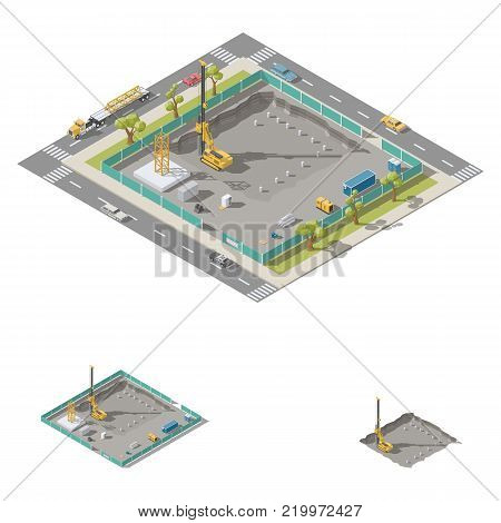 Koper install piles at construction site isometric icon set vector graphic illustration design
