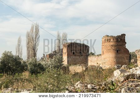 section of the ancient Roman walls surrounding the historic city of Nicea (now Iznik), Turkey