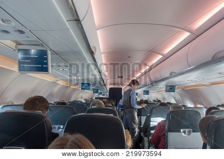 Kazakhstan - December 27, 2017: Inside Plane Airastana Company