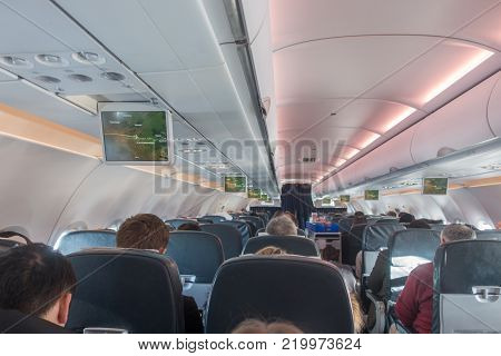 Kazakhstan - December 27, 2017: Inside Plane Airastana Company
