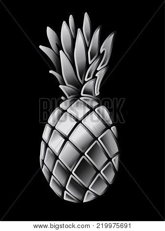 Silver pineapple in 3d styles. Realistic vector illustration.
