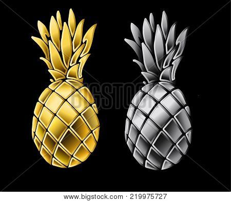 Set of pineapples. Silver and golden tropical fruit. A realistic decoration. Vector illustration.