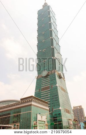Taiwan - Apr 15, 2017, Editorail use only; Closeup Landscape of Tallest Taipei 101 building in Taipei, Taiwan