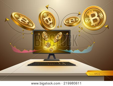 Digital Vector Bitcoin spread from Computer. Detailed cryptocurrency illustration with chart diagram graphic