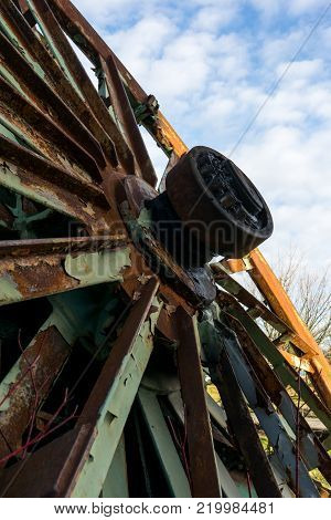 Big rusty industrial wheels of the german coal mine zeche ewald recklinghausen germany