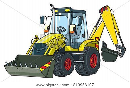 Constuction tractor with bucket. Small funny vector cute car with eyes and mouth. Children vector illustration