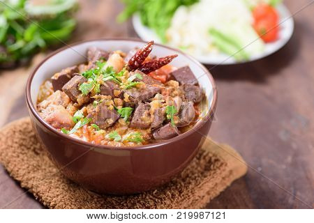 Northern Thai food (Kanom Jeen Nam Ngeaw), spicy rice noodles soup, rice vermicelli served with curry