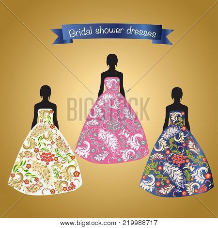 Woman fashion elegant set of dresses for celebration day. Colorful vector illustration silhouette with Romantic beautiful bridal or evening dresses.
