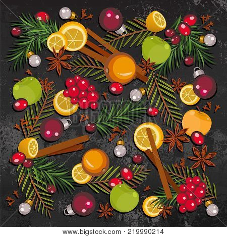Happy New Year and Merry Christmas background for greeting card with colorful fruits, berries, speces, fir-tree branches and toys. Cartoon style of New Year and Christmas mulled wine set. Vector