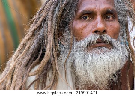 BABUGHAT, KOLKATA, WEST BENGAL / INDIA - 10TH JANUARY 2015 : Portrait of Hindu Sadhu with white beard.