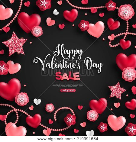 Happy saint valentine's day sale, holiday objects on black. Vector illustration. Glittering hearts, stars, pearl beads and flowers. Flyer, card, menu, cover, banner, voucher design tepmlate.