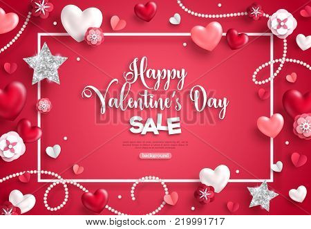 Happy saint valentine's day sale, frame with objects. Vector illustration. Glittering hearts, stars, pearl beads and flowers. Flyer, card, menu, cover, banner, voucher design tepmlate.