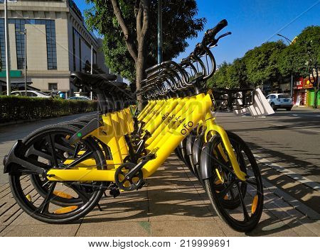ZHONGSHAN;GUANGDONG;China-December 1;2017:shared bikes on the side of the road.Bicycle-sharing is very popular in China.