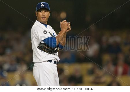 LOS ANGELES - SEPT 22: Los Angeles Dodgers start kande Hiroki Kuroda #18 under Major Leagu