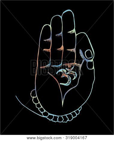 The Arm Of The Shiva With Ohm. Color Illustration Of Hands And Rudraksh