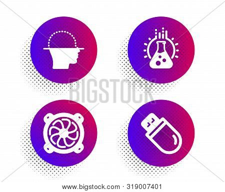 Face Scanning, Chemistry Lab And Computer Fan Icons Simple Set. Halftone Dots Button. Usb Stick Sign