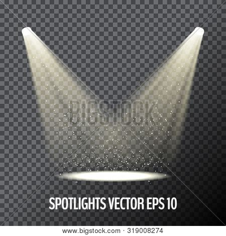 Glowing White Spotlights. Pair Of Illumination Stage Lights. Vector Illustration For Your Graphic De