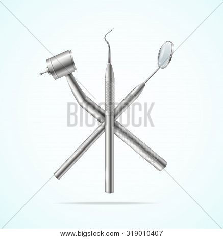 Realistic Detailed 3d Stainless Professional Dental Tools Set Include Of Mirror, Drill And Plugger C