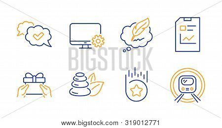 Give Present, Spa Stones And Monitor Settings Line Icons Set. Loyalty Star, Copyright Chat And Repor