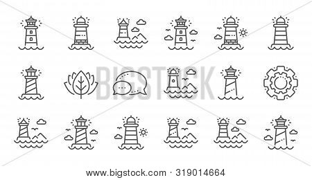 Lighthouse Line Icons. Searchlight Tower With Seagull For Marine Navigation Of Ships. Sea Pharos, Li