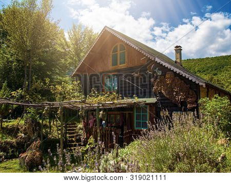 luxury family wooden  cotage house in forest with garden and colorful herbs