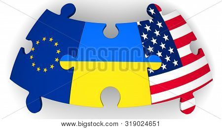 Cooperation Of The Ukraine, The European Union And The United States Of America. Puzzles With Flags 