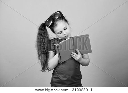 Reading Book. Summer Fashion. Small Happy Girl In Glasses With Notebook. Diary Notes. Small Beauty G