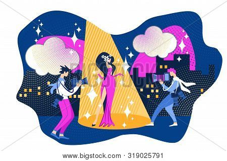 Famous Woman Actress In Fashion Dress Posing. Man Paparazzi Photographer Take Pictures Vector Illust