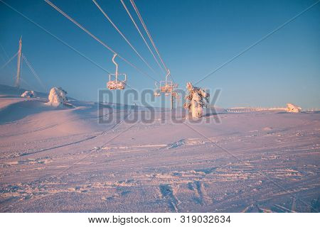 Sunrise.fantastic Sunrise, Morning Winter Landscape. Fantastic Overcast Sky. Beautiful Winter Landsc