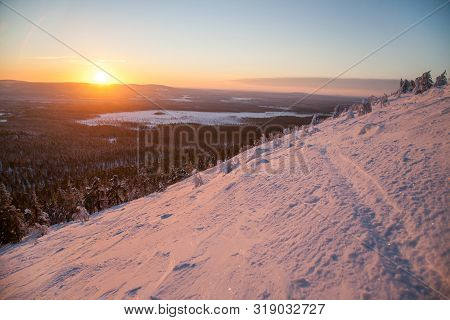 Sunrise.fantastic Sunrise, Morning Winter Landscape. Fantastic Overcast Sky. Beautiful Winter Landsc