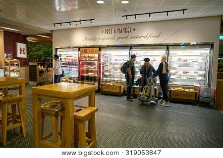 SINGAPORE - CIRCA APRIL, 2019: Pret a Manger at Singapore Changi Airport. Pret a Manger is an international sandwich shop chain.