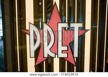 SINGAPORE - CIRCA APRIL, 2019: Pret a Manger sign seen at Singapore Changi Airport. Pret a Manger is an international sandwich shop chain.