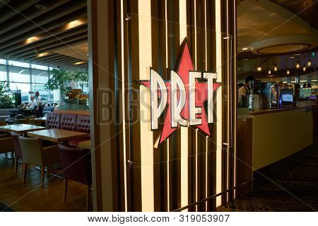 SINGAPORE - CIRCA APRIL, 2019: Pret a Manger sign seen at Singapore Changi Airport. Pret a Manger is an international sandwich shop chain.