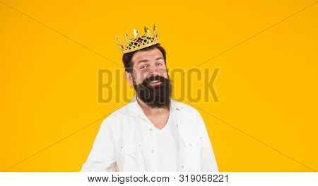 Holiday Carnival Celebration. Superstar Concept. Bearded Man King Costume Party. Sense Of Self Impor