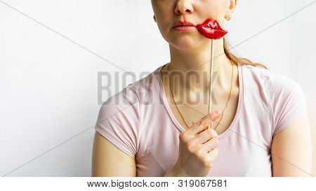 Lower Part Part Of Woman Face With Red Bubbles Of Virus Herpes On Her Mouth She Tries To Hide With R