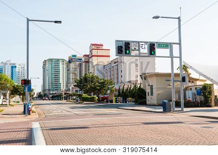 Virginia Beach, Virginia/usa - July 13, 2017:  Boardwalk Hotels Line Atlantic Avenue Near Laskin Ave