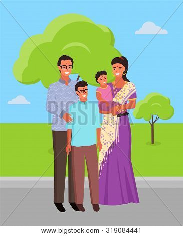 Man And Woman In Park Vector, Indian Family Wearing Traditional Clothes. Posing Parents And Kids, Fa