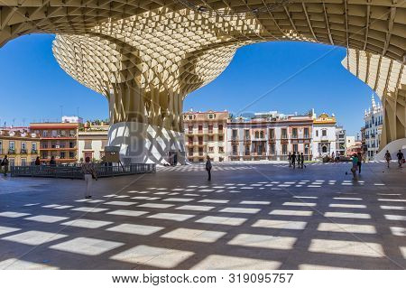 Sevilla, Spain - May 14, 2019: Checkerboard Pattern On The Floor Of The Setas De Sevilla In Spain
