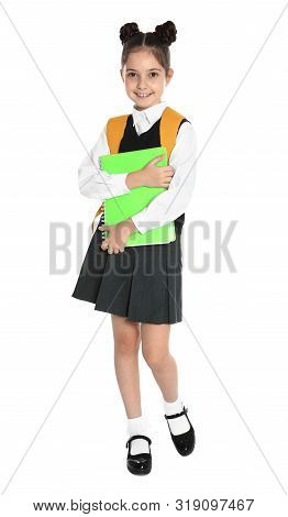 Happy Girl In School Uniform On White Background