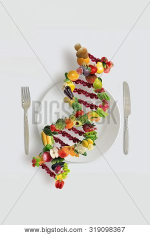 Nutrition Genetics Nutrigenomics concept DNA made of fresh veggies and fruits