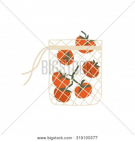 Mesh Eco Bag Full Of Vegetables Isolated On White Background. Modern Shopper With Fresh Organic Toat
