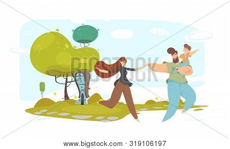 Happy Country Residents With Kid Enjoy Recreation. Cartoon Craft Family. Flat Country House And Gard