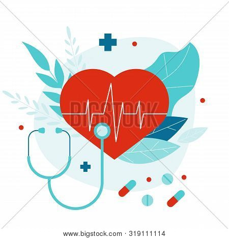 Flat Vector Illustration With Heart And Stethoscope. Routine Medical Examination